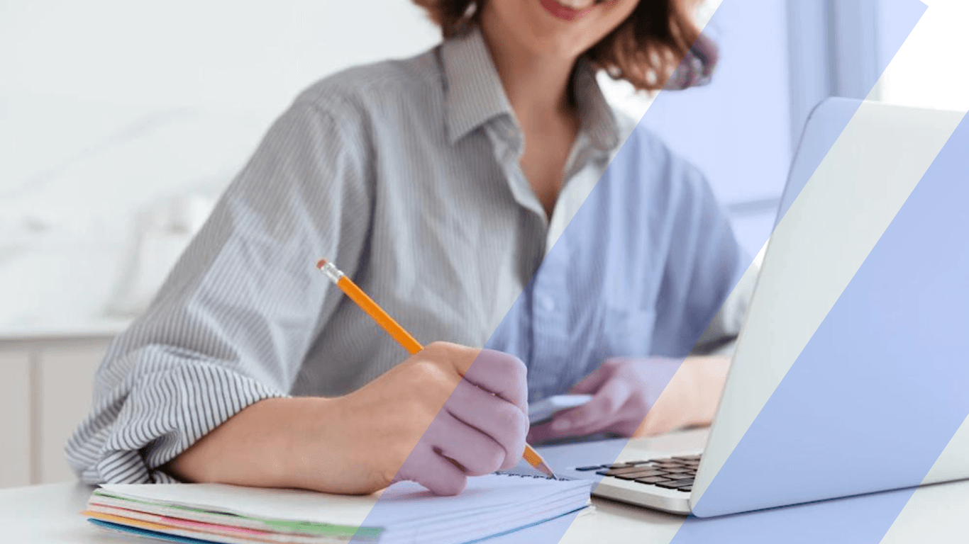 A product description writer jotting down notes