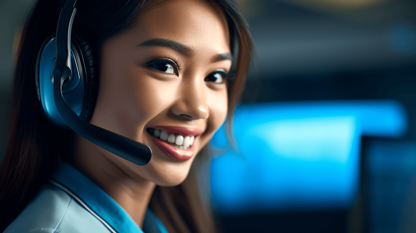 Close-up of a Filipino customer support agent's face, showing a genuine smile and eyes focused on the computer screen, headset in place.